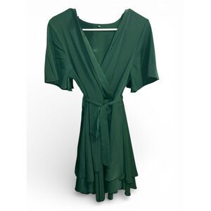 Emerald Green Wrap Dress Tie Waist Flutter Sleeve Ruffle Hem 35.5” Length
